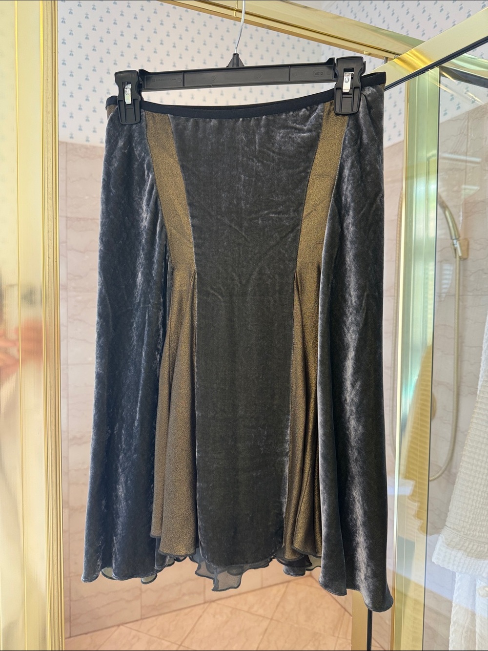 Etro Milano, Smoky blue/gray crushed velvet skirt with metallic gold accent